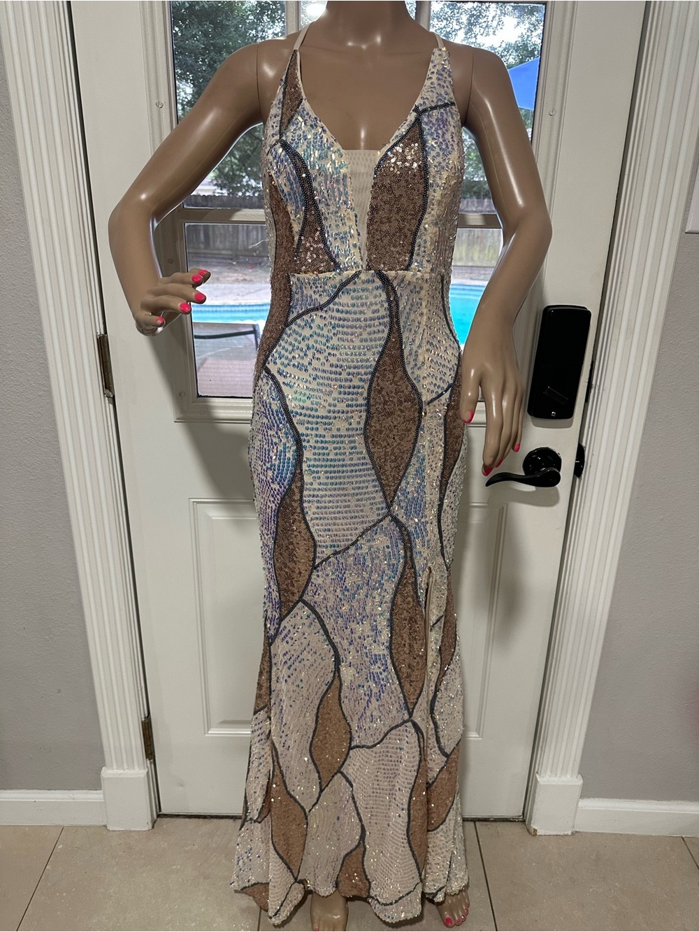 Sequin Spaghetti-Strap Maxi Dress in Neutral Brown and Iridescent Blue